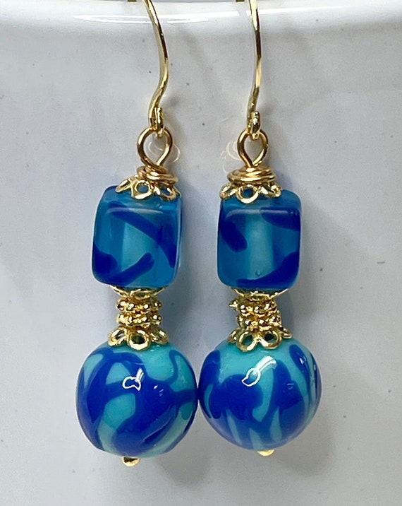 Vintage Japanese GLASS Robins Egg Cobalt Blue Dri… - image 1