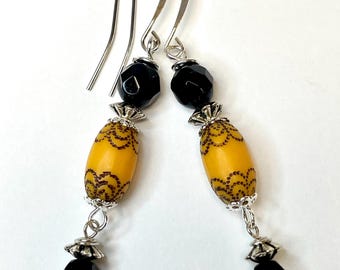 Vintage Japanese Yellow Black Ornate Oval Lucite Bead Earrings,Black Crystal, Silver