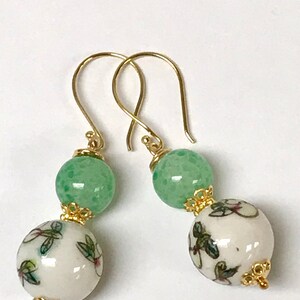 Vintage Chinese PORCELAIN White Pink Flower Peach Bead Dangle Earrings,Vintage 1940s Japanese Handmade Green Glass Beads,Bali Gold Ear Wires image 7