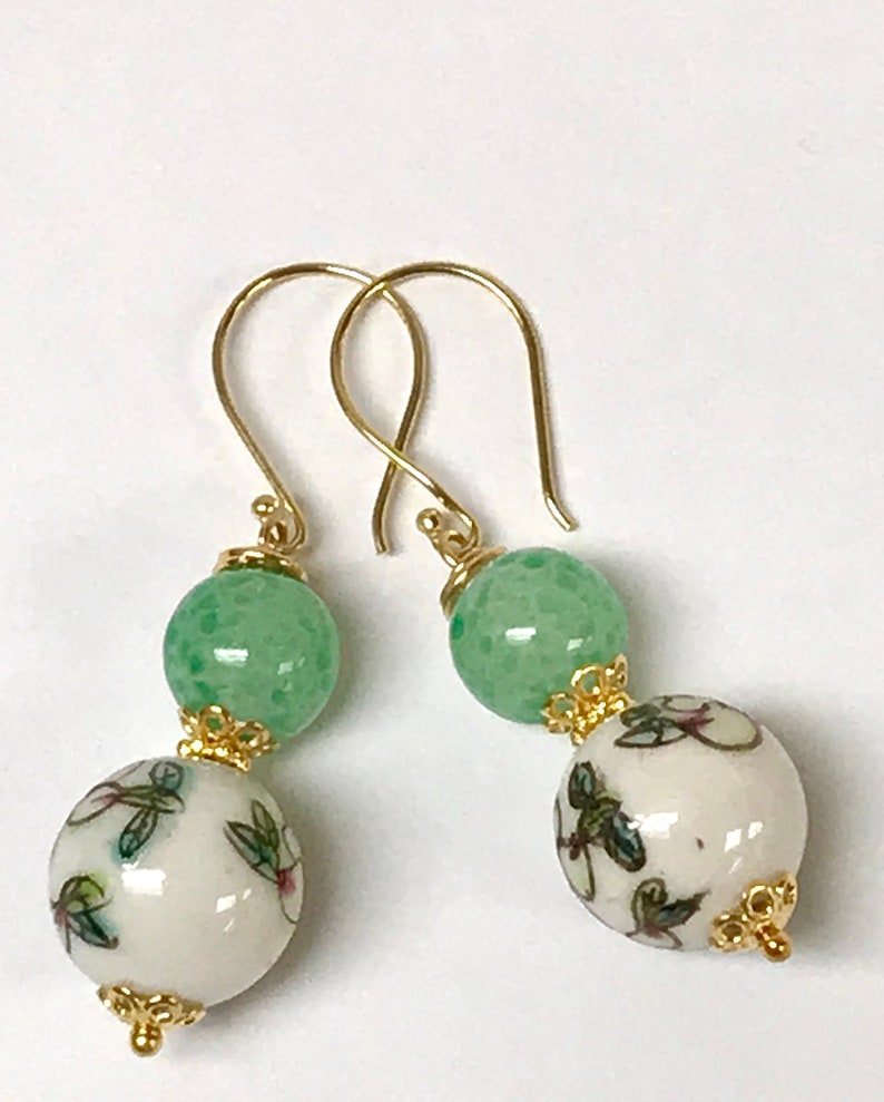 Vintage Chinese PORCELAIN White Pink Flower Peach Bead Dangle Earrings,Vintage 1940s Japanese Handmade Green Glass Beads,Bali Gold Ear Wires image 7