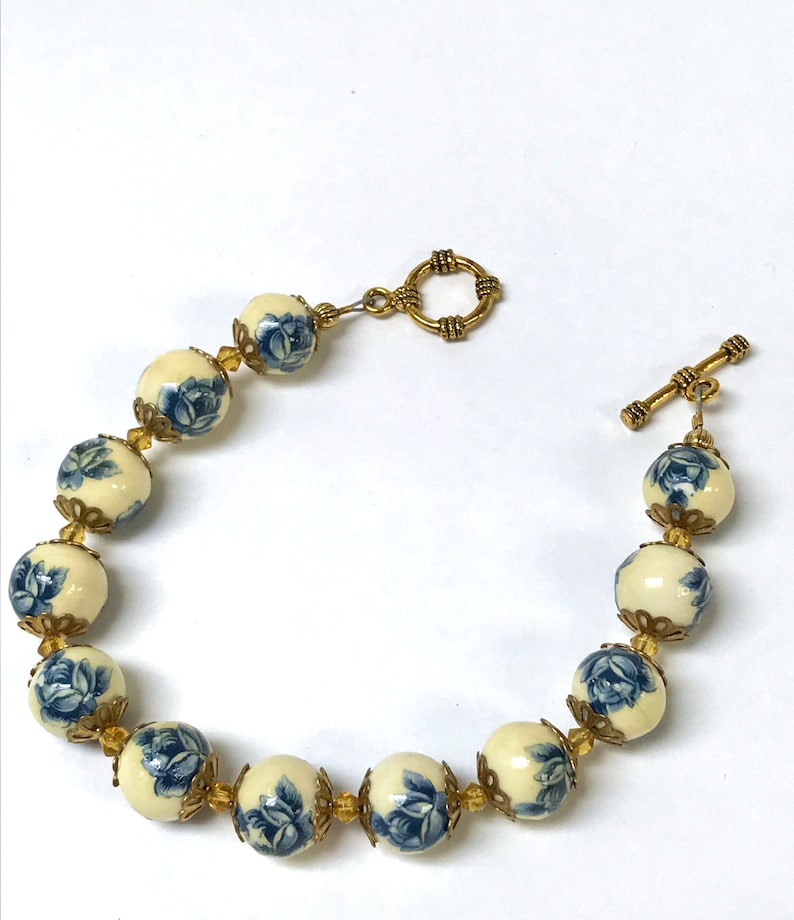 Vintage Japanese PORCELAIN TENSHA Blue Rose Bead Bracelet,Vintage Yellow Crystal Gold Plated Toggle Clasp Matched Jewelry Set
