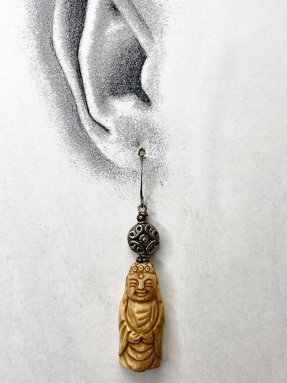 Vintage Buddha Bead Hand Carved Bone Earrings Dan… - image 5