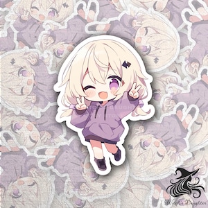 Pegatina de chica chibi rubia kawaii / Linda calcomanía de vinilo de anime con capucha morada / Pegatina impermeable para computadoras portátiles, botellas de agua y diarios