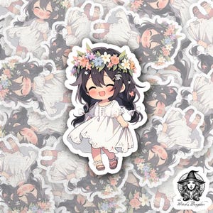 Charming 3&quot; Kawaii Flower Crown Girl Sticker | Cute Anime-Style Vinyl Sticker | Waterproof for Laptops, Water Bottles, Journals & More