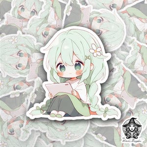 Relaxing Chibi Girl Sticker – Cute Mint-Green Hair Anime Art with Tablet, Kawaii Vinyl Sticker for Journals, water bottles, Laptops & Decor