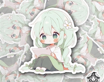 Pegatina de chica chibi con cabello verde menta – Arte anime, calcomanía kawaii para portátil