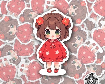 Pegatina de chica anime kawaii / Personaje chibi con moños de flores / Calcomanía de vinilo para portátiles