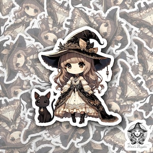 Pegatina de bruja chibi y gato negro: chica bruja gótica con elegante encaje y rosas. Vinilo de 3" para portátiles y diarios