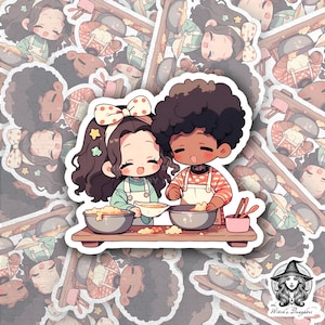 Adesivo de casal Chibi fofo de 3” – Menino e menina cozinhando juntos, almoçando, decalque de vinil à prova d’água para diários, álbuns de recortes, laptops, planejadores