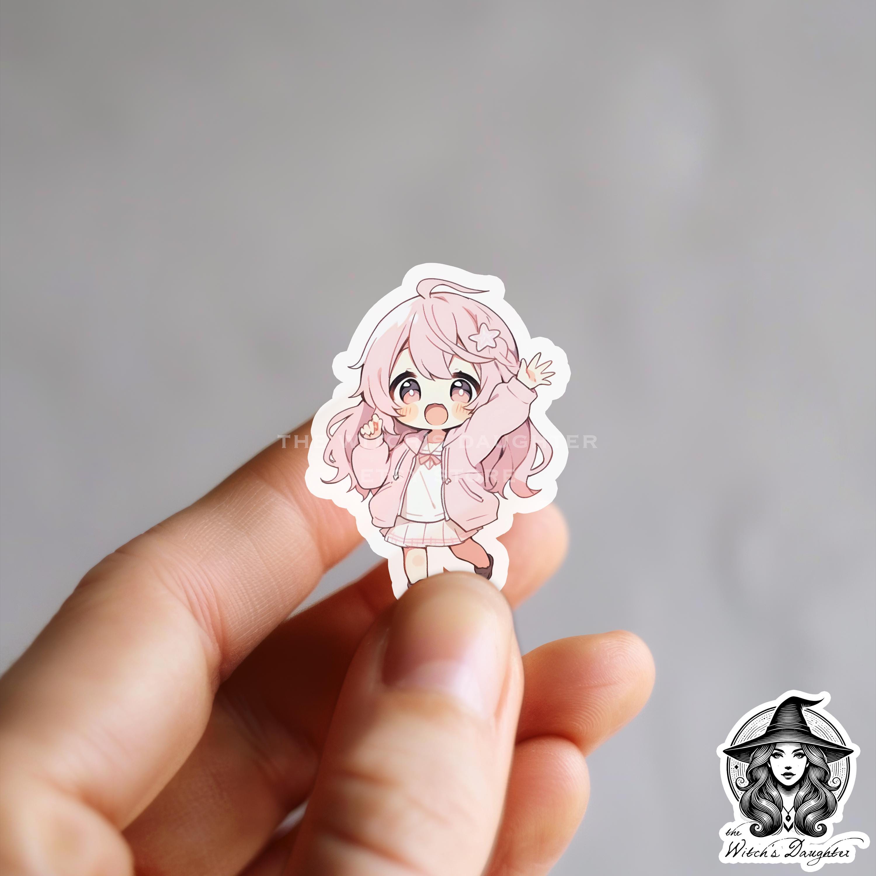 Adorable Pink Chibi Girl Sticker – Kawaii Anime Character Waving | Cute ...
