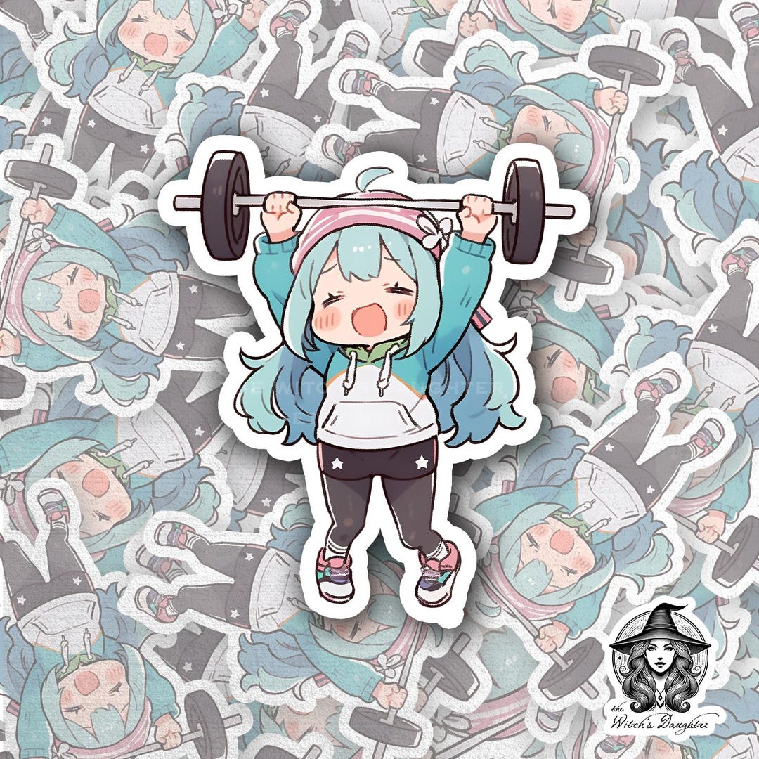 Teal Hair Weightlifting Chibi Sticker | Anime Gym Girl | Kawaii Barbell ...