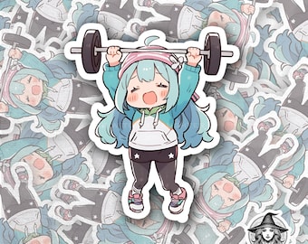 Blågrönt hår Tyngdlyftning Chibi Klistermärke | Anime Gym Girl | Kawaii Skivstång Fitness Dekal