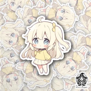 Adesivo Kawaii Blonde Chibi Girl in maglione con fiocco giallo / Adesivo in vinile Anime carino per diari, bujo, bottiglie d'acqua, computer portatili e scrapbooking