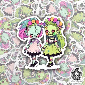 Pastell Zombie Mädchen Aufkleber | Cottagecore Horror Kunst | LGBT Blumenkrone Liebe | Grüne Haare Cute Goth | TLW Totenbuch | Bujo Tagebuch