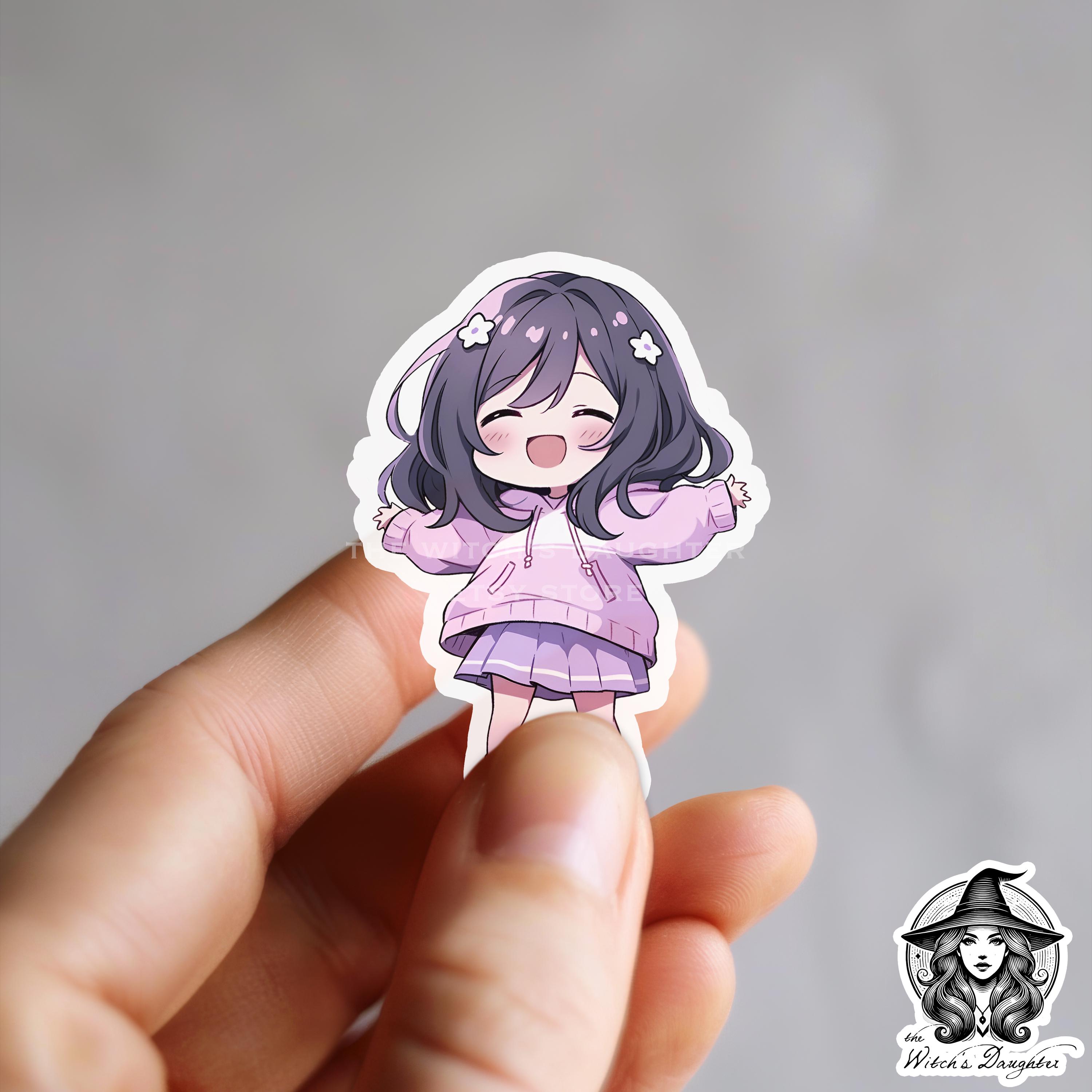 Cheerful Chibi Girl Sticker – Kawaii Anime Art With Purple Hair, Pink ...