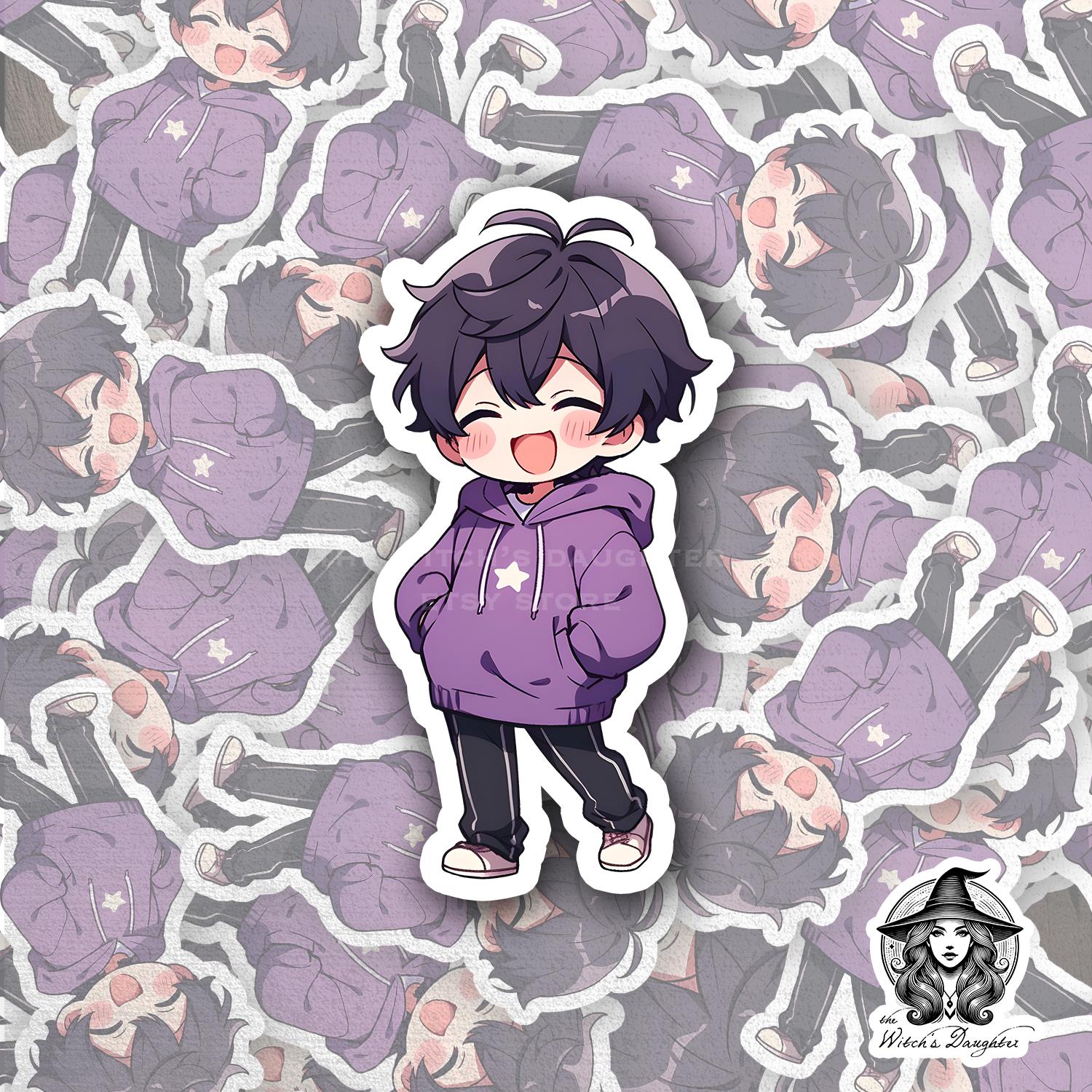 Kawaii Anime Boy Sticker | Purple Star Hoodie Chibi | Vinyl Decal for ...