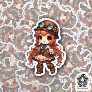 Pegatina de chica Chibi Steampunk: simpático personaje con equipo y gafas. Vinilo de 3" para portátiles, botellas de agua y más