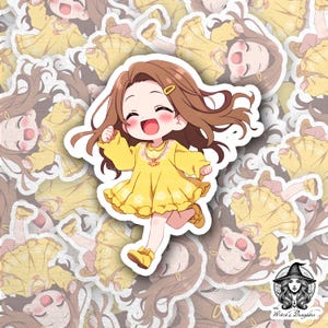 3&quot; Happy Chibi Girl Sticker – Kawaii Yellow Dress Vinyl Decal, Cute Anime Character Art for Laptops, Journals, Water Bottles, and Gifts