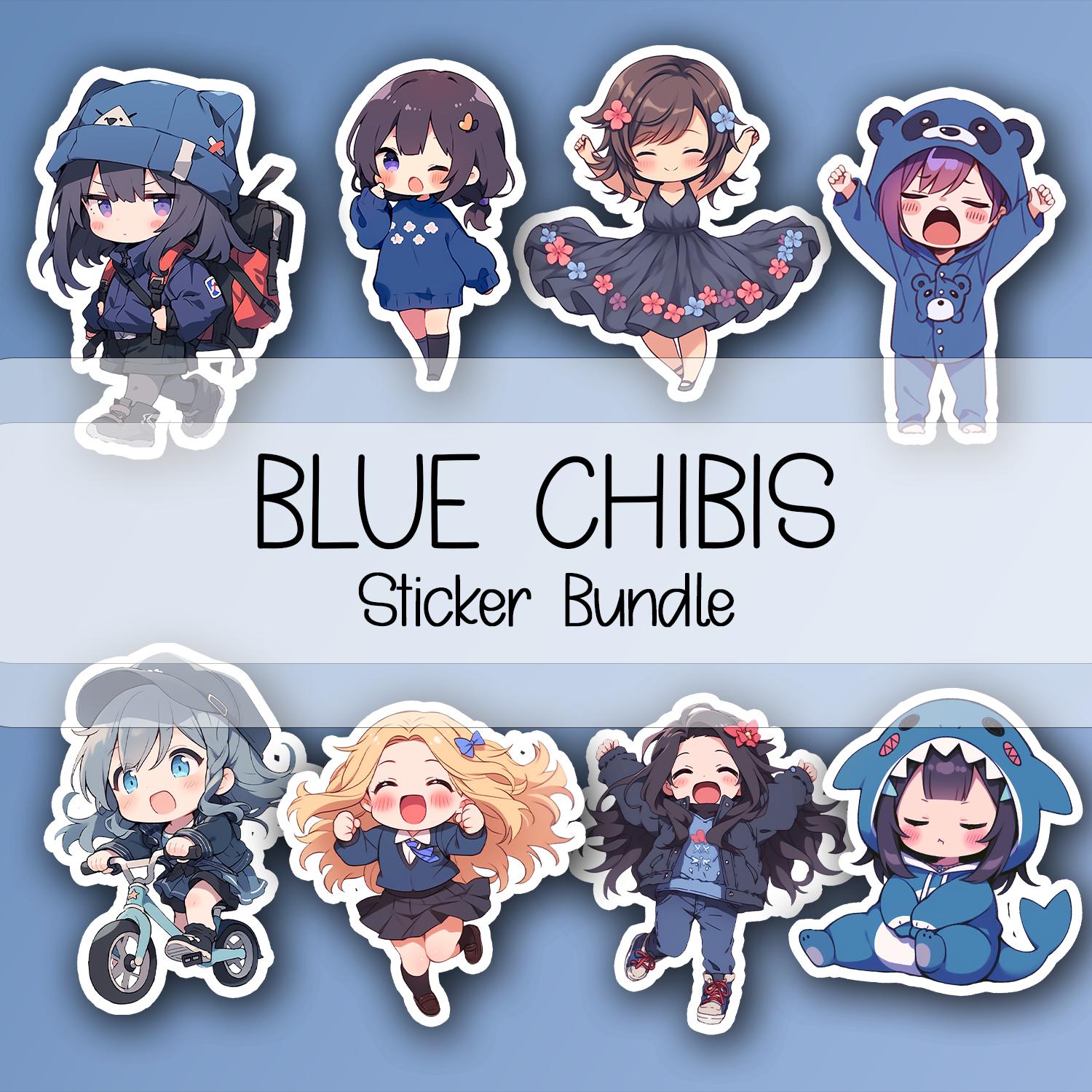 Blue Chibi Sticker Bundle | Kawaii Anime Girls, Moody Tones Set - Etsy