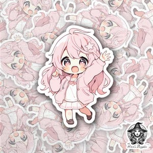 Adorable Pink Chibi Girl Sticker – Kawaii Anime Character Waving | Cute Vinyl Decal for Journals, Laptops, Water Bottles, Diary & Bujo