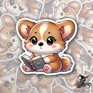 Kawaii Corgi Puppy Reading a Book Vinyl Sticker | Cute Cartoon Dog Sticker | Adorable Sticker for Book Lovers | Gift for Readers