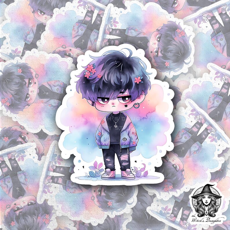 Grumpy Chibi Boy Sticker | Galaxy Hair, Pastel Goth Streetwear - Etsy