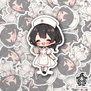 Cheerful Nurse Chibi Sticker – Cute Anime Art with Coffee Cup, Kawaii Vinyl for Laptops, Journals, Water Bottles, Planners & Nursing Gifts