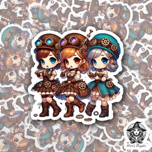 Pegatina Steampunk Trio Chibi: adorables chicas amantes de los equipos con atuendos steampunk. Vinilo adhesivo de 3" para portátiles, botellas de agua y más