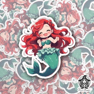 Disney inspiriert Meerjungfrau Aufkleber | Kawaii Rothaar Prinzessin | Die kleine Meerjungfrau Ariel Art Style | Niedliches Chibi-Meeresmädchen | Wasserfester Anime Aufkleber