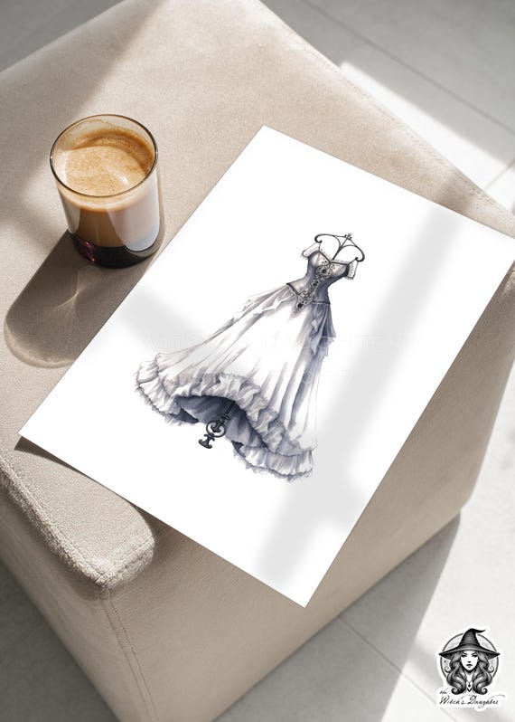 Ethereal Silver Ghost Wedding Dress Watercolor Art Print Haunted