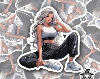 Silverhår Animeflicka Fitnessklistermärke | Streetwear Gym Estetik | Vinyldekal med träningsbyxor