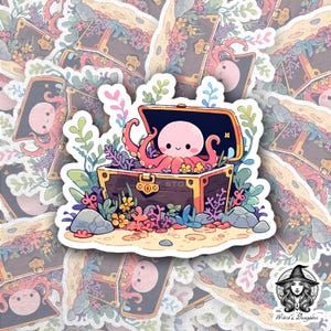 Schatztruhe Oktopus Aufkleber | Kawaii Meeresbewohner | Niedliche Ozean Koralle Motiv | Rosa Baby Tako | Abenteuer Unterwasser | Wasserflaschen, Bujo