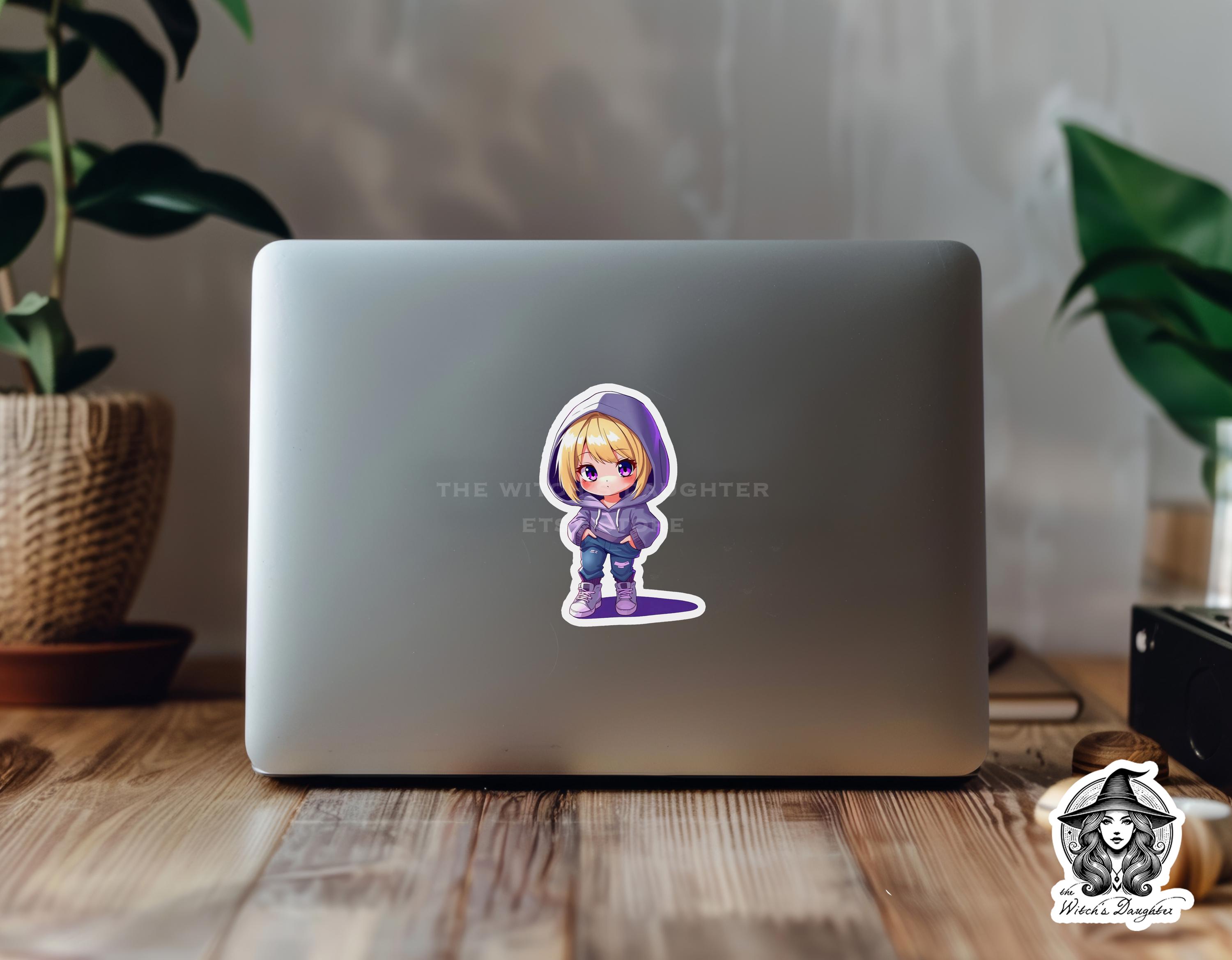 Chibi Girl Purple Hoodie Sticker | Kawaii Blonde Anime | Cute Violet ...
