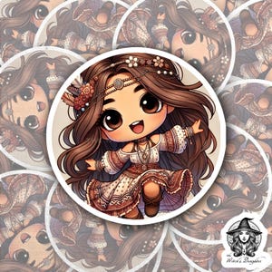 Pegatina de chica chibi bohemia: lindas vibraciones hippies con diadema floral y vestido suelto: calcomanía de vinilo de 3" para computadoras portátiles, botellas de agua y más