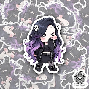 Shy Goth Chibi Girl Aufkleber | 3-Zoll Pastell Goth Lila Haaraufkleber | Niedliches Kawaii Dunkles Ästhetisches für Laptops & Wasserflaschen
