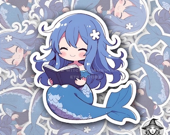 Pegatina de sirena ratona de biblioteca / Chica anime kawaii leyendo / Vinilo adhesivo impermeable