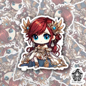 Adesivo Chibi Fantasy Queen - Princesa ruiva majestosa com armadura dourada e detalhes em joias - Adesivo de vinil de 3" para laptops, diários e muito mais