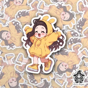 3&quot; Happy Yellow Hoodie Sticker – Kawaii Chibi Vinyl Decal, Cute Anime Character Art for Laptops, Journals, Water Bottles, and Gifts