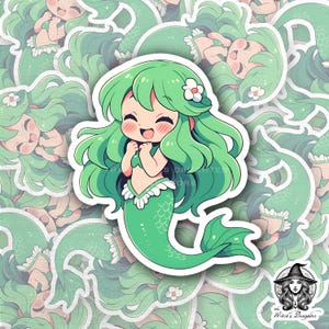Frühlingsgrüne Meerjungfrau Sticker | Kawaii Ozean Prinzessin | Süßes Fantasy Mädchen mit Mint Haaren Weißes Kleid mit Rüschen Meer Kunst | Bujo, Wasserflaschen, Tagebuch