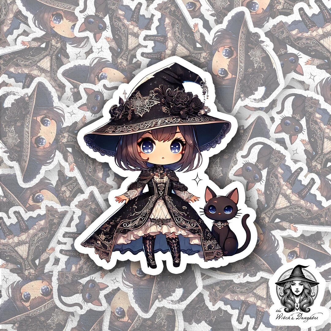 Gothic Chibi Witch Sticker – Black Cat, Waterproof Vinyl Decal - Etsy
