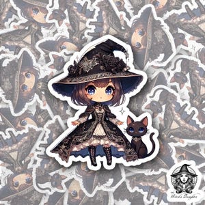 Pegatina de bruja gótica chibi: adorable niña bruja con gato negro y sombrero encantado. Vinilo de 3" para portátiles y diarios