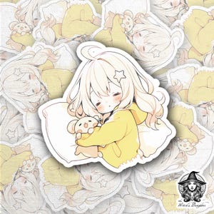 Kawaii Sleepy Girl Sticker – Cute Chibi Aesthetic, Cozy Anime Vinyl, Soft Pastel Cottagecore, Planner & Laptop Sticker, Cute Gift for Her