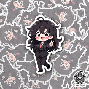 Adesivo de menina anime kawaii | Profissional de negócios fofo | Estilo mangá japonês | Sinal de paz de terno preto | Trabalhador de escritório feliz Arte chibi
