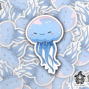 Quallen Aufkleber | Süßer Blauer Ozean Freund | Pastell Meeresbewohner | Glückliche Meereswelt Kunst | Pink Blush Jelly | Wasserfester Vinyl-Aufkleber