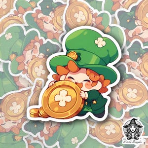 Adesivo de Leprechaun Lucky Gold Coin | Arte Kawaii do Dia de São Patrício | Amuleto da Fortuna Irlandesa | Tesouro Fofo de Trevo | Decalque de Planejador de Março