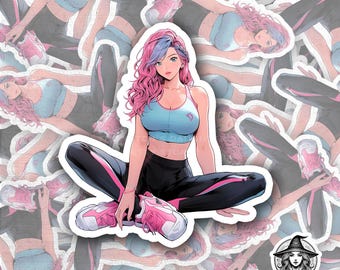 Rosa Lila Hår Anime Gym Tjej Klistermärke | Fitness Estetik | Athleisure Vinyldekal