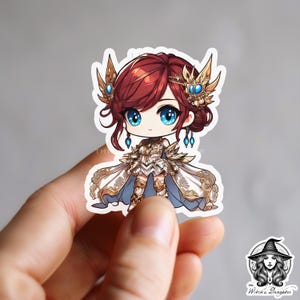 Pegatina de princesa guerrera de fantasía Chibi - Armadura real y joyas adornadas - Calcomanía de vinilo de 3" para computadoras portátiles, botellas de agua y más / Colores vivos