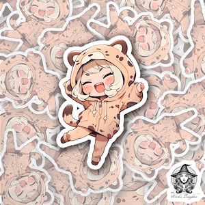 Adorable 3&quot; Kawaii Girl in Leopard Onesie Sticker | Cute Animal Hoodie Vinyl Sticker | Waterproof for Laptops, Water Bottles, Journals