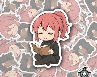 Pegatina de chica anime chibi leyendo un libro / Lindo personaje de dibujos animados de cabello rosa / Calcomanía de vinilo kawaii