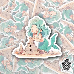 Sandburg Meerjungfrau Aufkleber | Kawaii Strand Baumeister | Süßes Meermädchen mit Mint Haaren | Sommer Ozean Kunst | Chibi Meerjungfrau Spielend | Wasserflasche Art